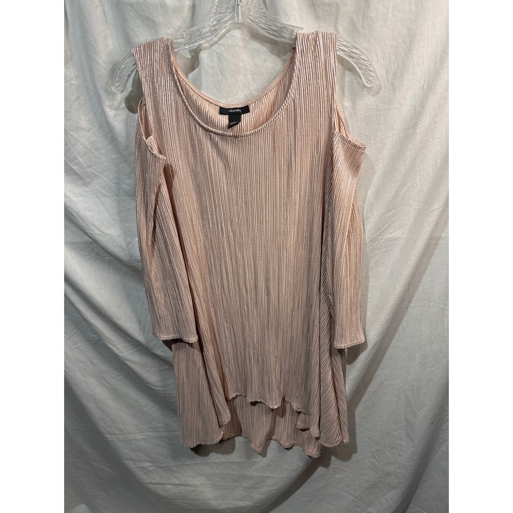 Alfani Womens Rose Gold Metallic Plisse Cold Shoulder Pleated Blouse Large